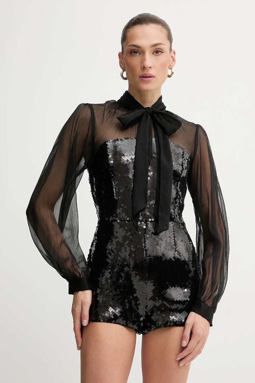 Overal Bardot čierna farba, s viazaním vo výstrihu, 60089PB