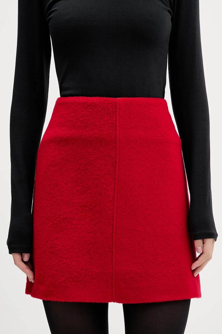 Sukňa s prímesou vlny HUGO červená farba, mini, rovný strih, 50547637