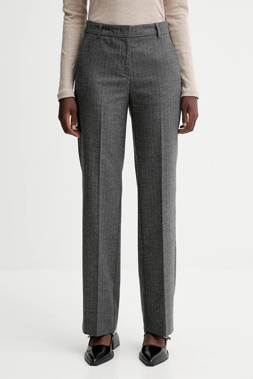 Nohavice s prímesou vlny Marc O'Polo šedá farba, rovný strih, vysoký pás, 510023710199