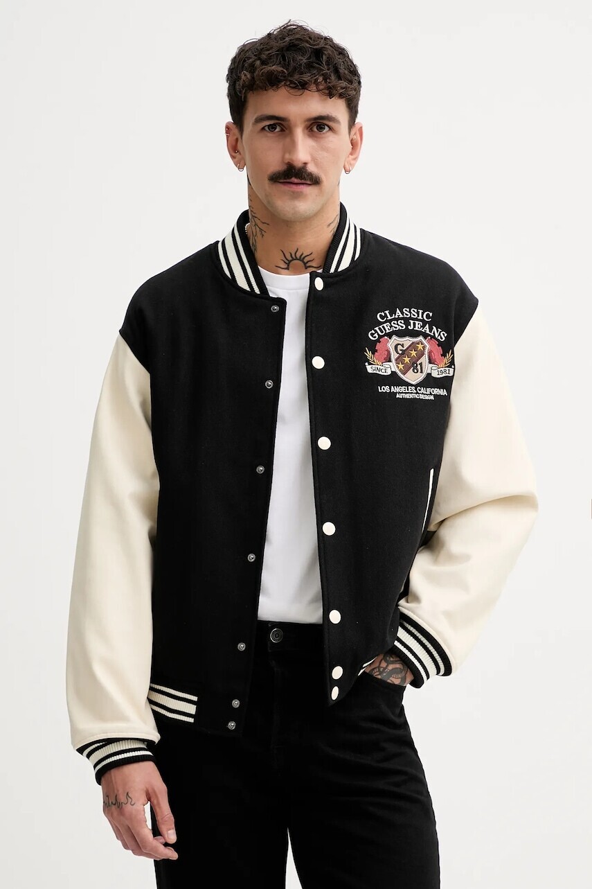 Bomber bunda s prímesou vlny Guess Jeans čierna farba, prechodná, M5BL1E WEI02