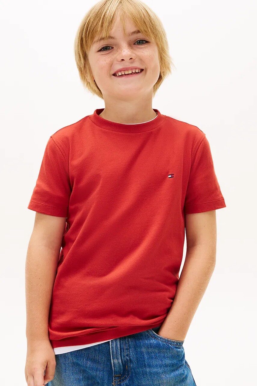 Detské bavlnené tričko Tommy Hilfiger červená farba, jednofarebné, KB0KB06879