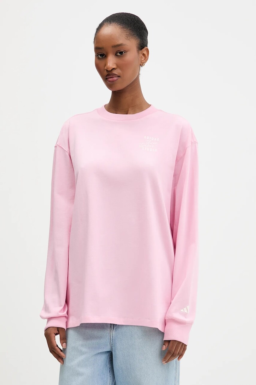 Bavlnené tričko s dlhým rukávom adidas ružová farba, KT3272