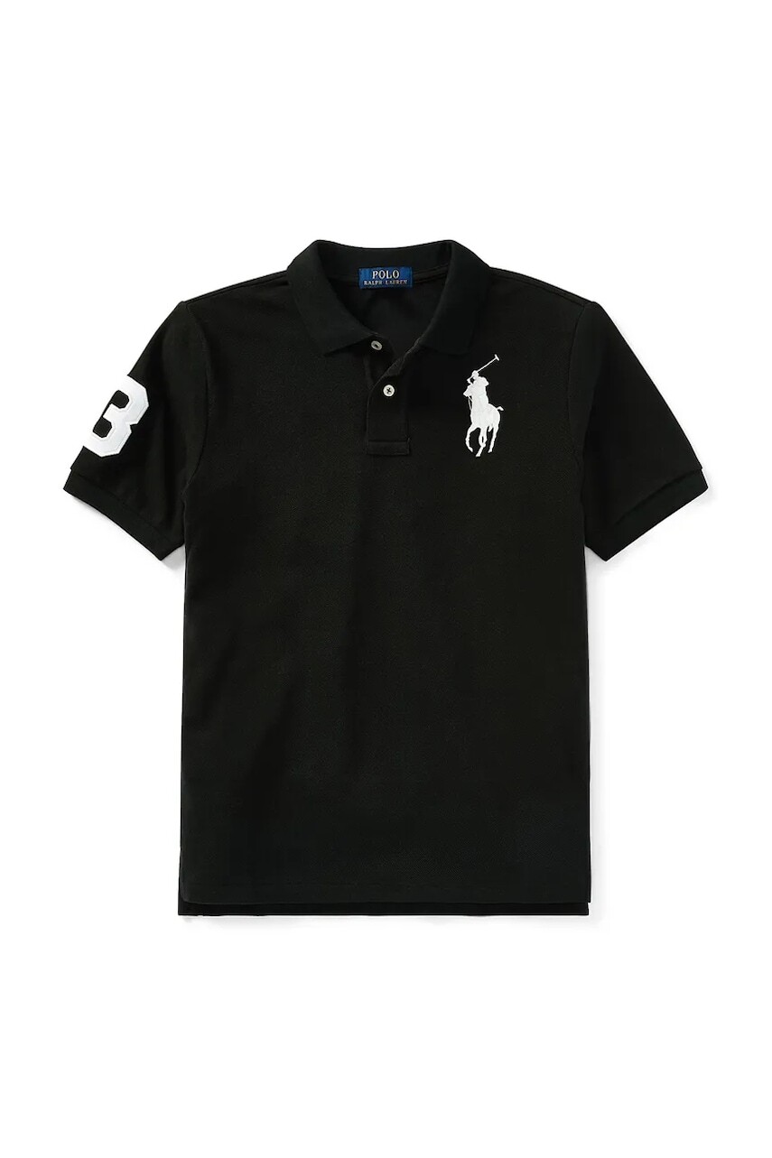 Detská bavlnená polokošeľa Polo Ralph Lauren čierna farba, s nášivkou, 323670257015