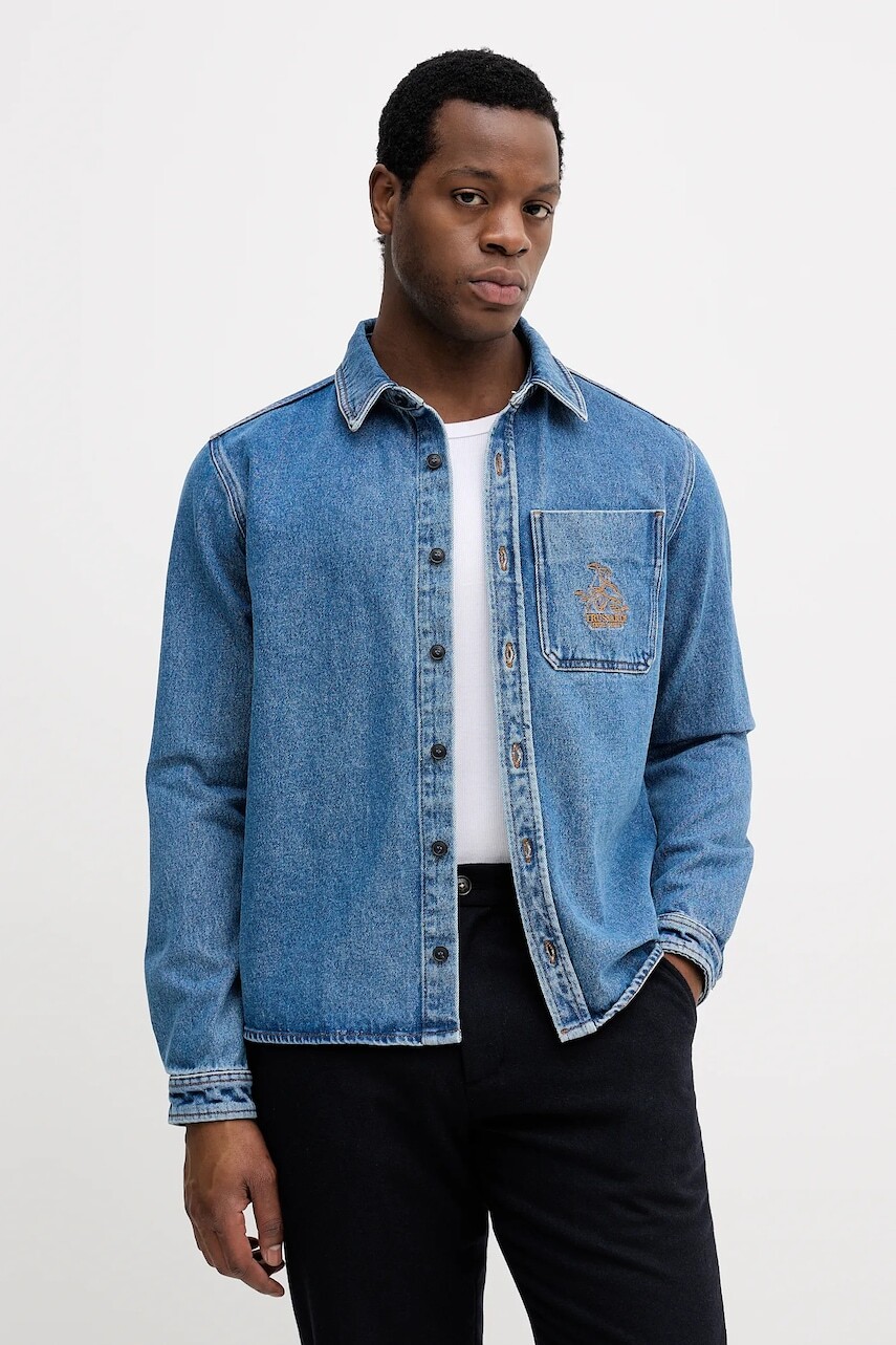 Rifľová košeľa Trussardi modrá farba, voľný strih, s klasickým golierom, 54038000018N