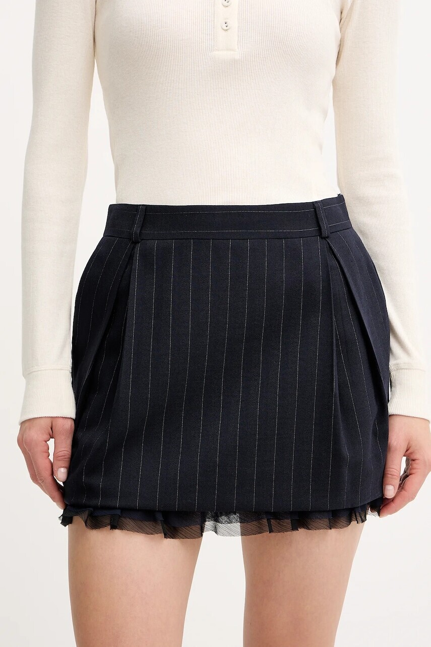 Sukňa s prímesou vlny Pinko tmavomodrá farba, mini, rovný strih, 105709 A2QY