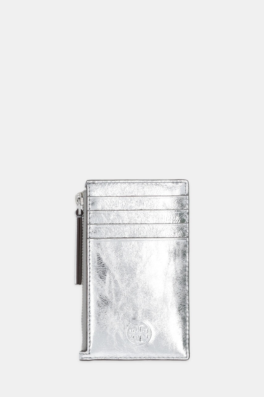 Kožená peňaženka Tory Burch Fleming strieborná farba, 175191-040