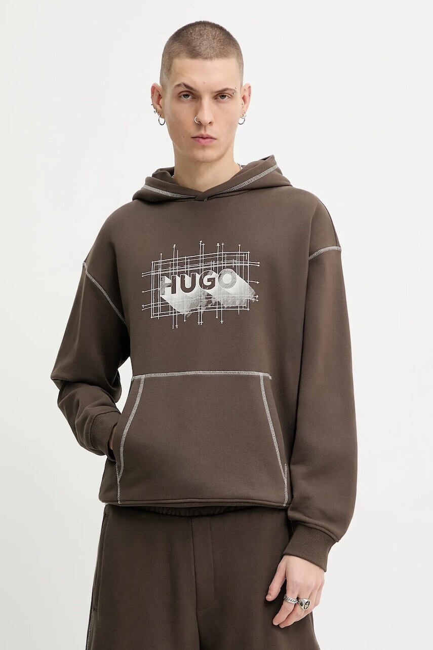 Bavlnená mikina Hugo Blue hnedá farba, s kapucňou, vzorovaná, 50553506