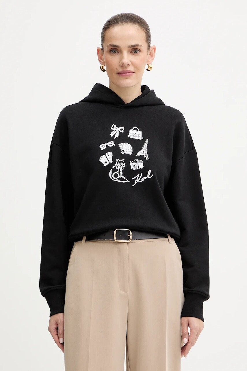 Bavlnená mikina Karl Lagerfeld čierna farba, s kapucňou, vzorovaná, B1W20019