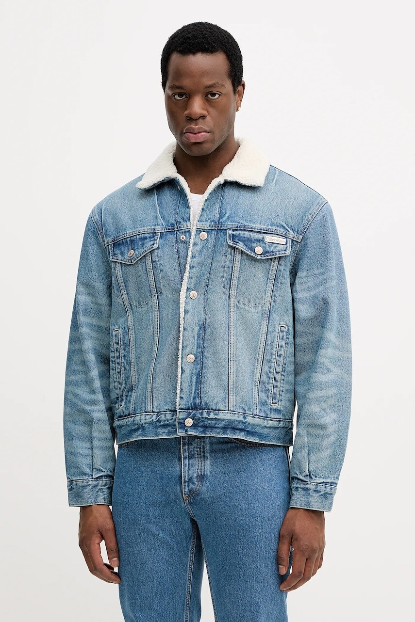 Rifľová bunda Calvin Klein Jeans modrá farba, prechodná, LV04RD737G