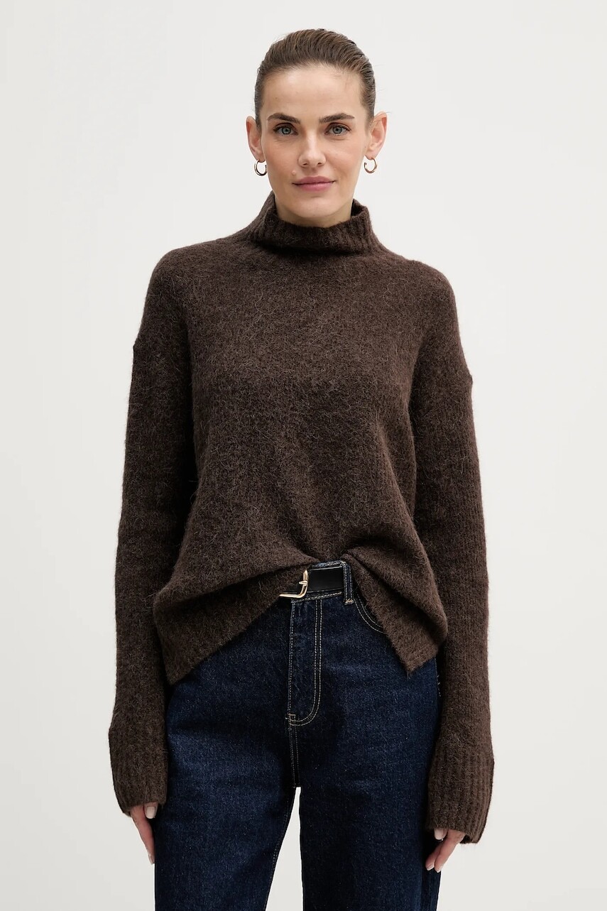 Sveter s prímesou vlny Mos Mosh Erim hnedá farba, hrejivý, s rolákom, 175400