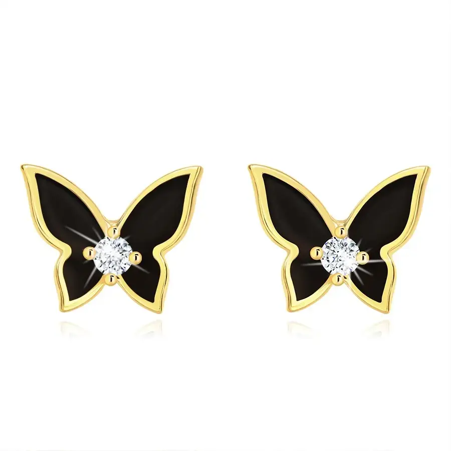 Náušnice zo žltého zlata 9K motýľ s čiernou glazúrou a zirkónom