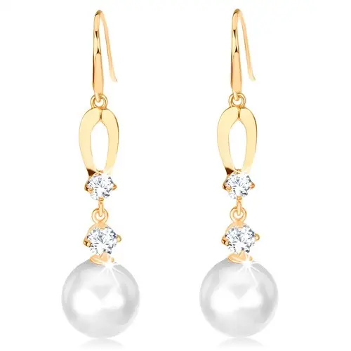 Náušnice v žltom 14K zlate - zalomený ovál s výrezom, číre zirkóny, perla