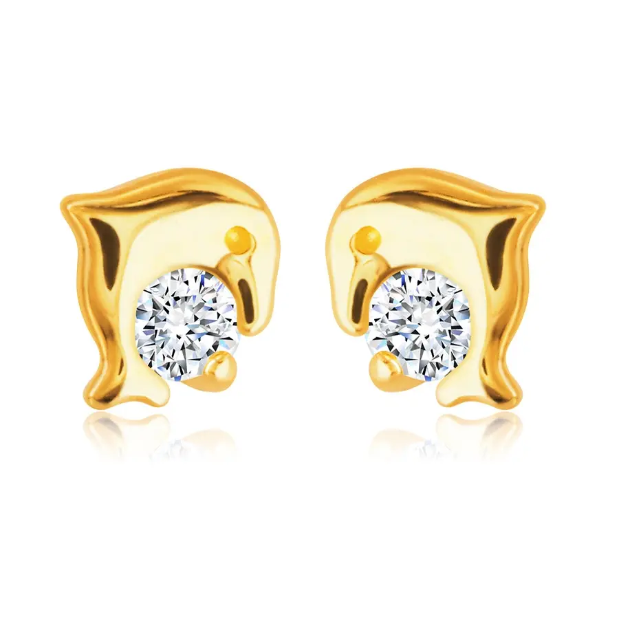 Náušnice zo 14K zlata - skákajúci delfínik s okrúhlym čírym zirkónikom