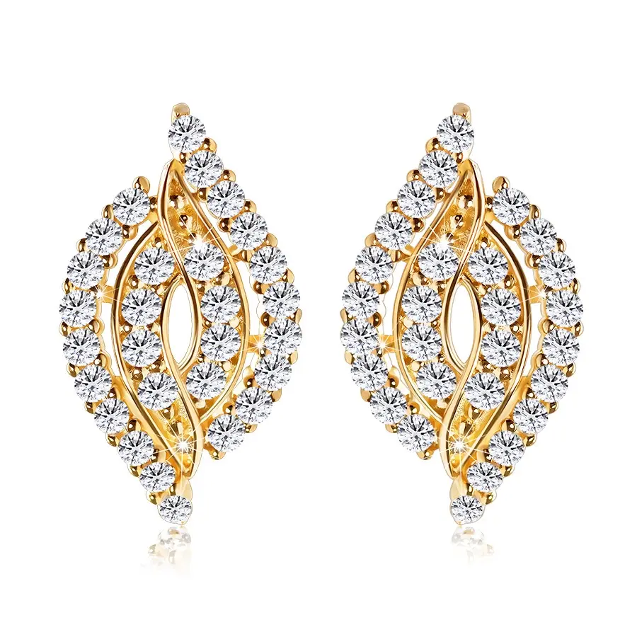 Zlaté 14K náušnice - zvlnené zrnko posiate líniou zirkónov