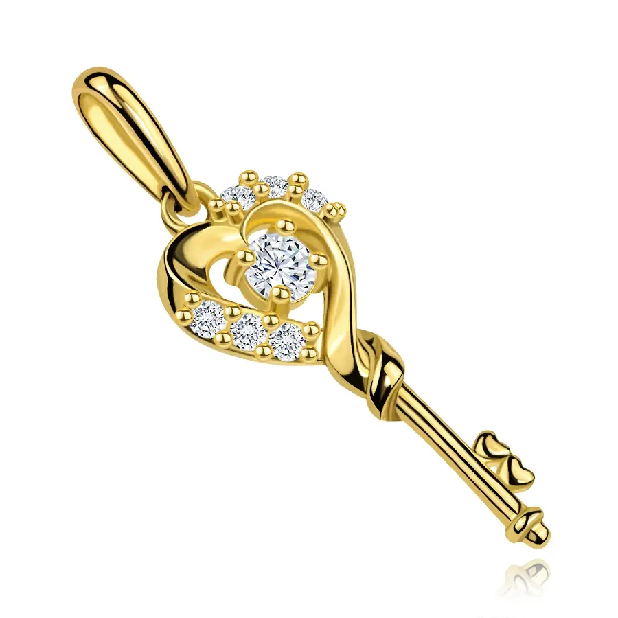 Zlatý prívesok 9K kľúč so srdcovou hlavičkou a čírymi zirkónmi