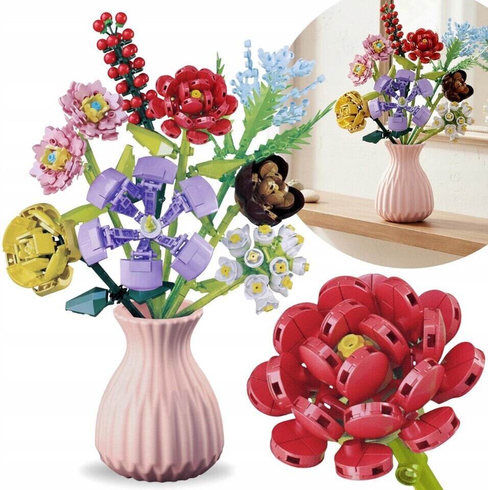 Stavebnica kvety 709ks+ružová váza 