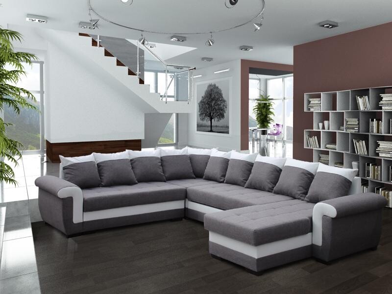 Rohová rozkladacia pohovka s leňoškou 7 vankúšov Latte svetlo šedá/biela