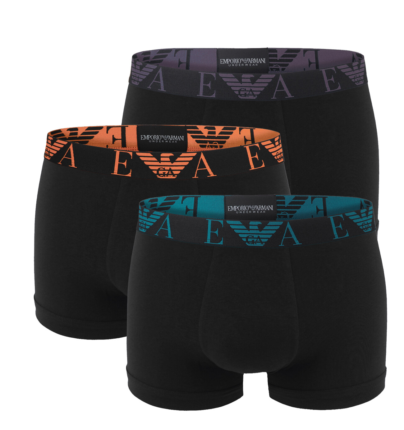 EMPORIO ARMANI - boxerky 3PACK stretch cotton nero con arancia & turchese logo