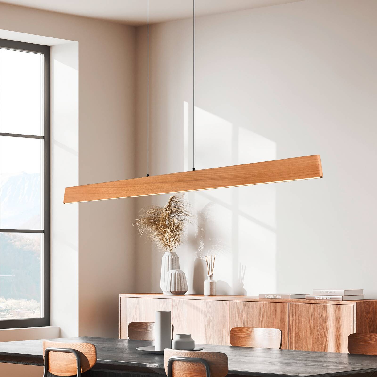 LED závesné svietidlo Edgewood, dĺžka 150 cm, drevo v farbe dreva, CCT