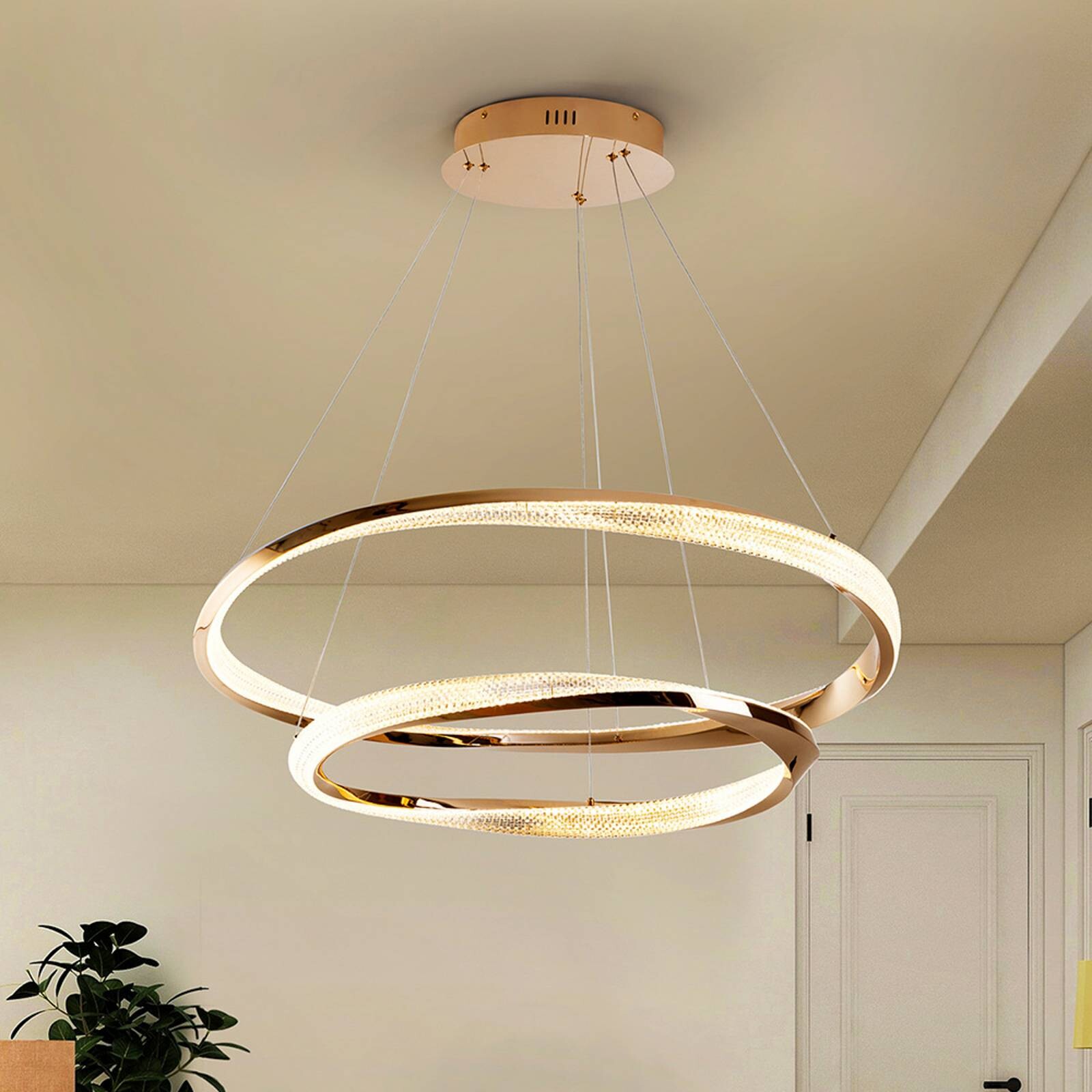 LED závesné svietidlo Orbitas, Ø 80 cm, zlatá farba, kov, stmievač