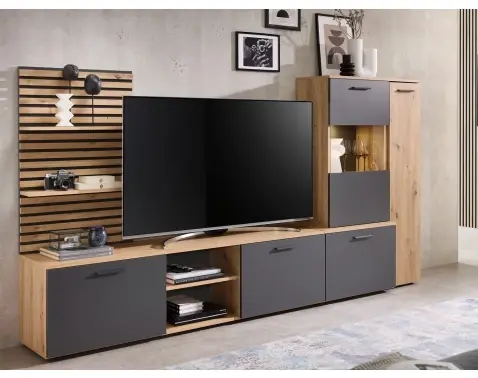 Obývacia  stena Heathrow, dub artisan/antracit, s osvetlením%