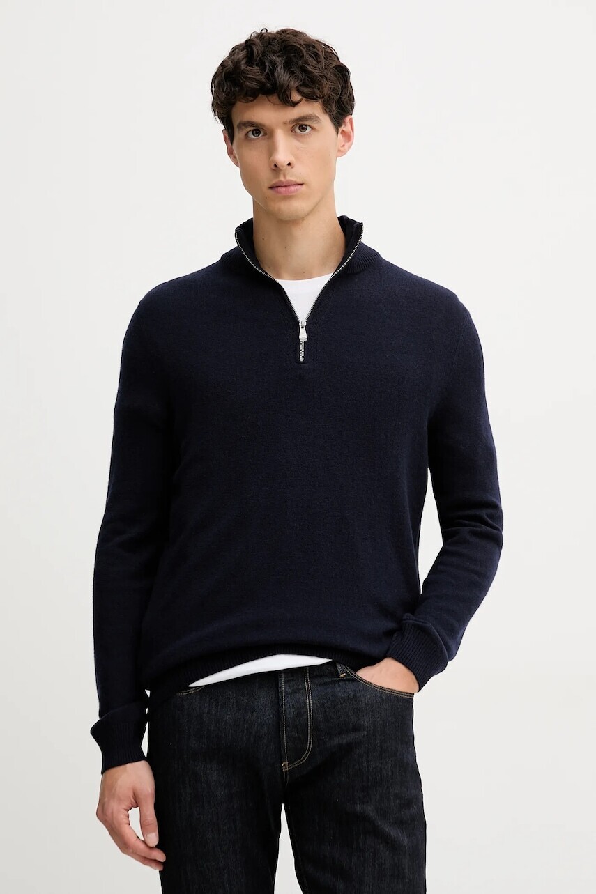 Sveter s prímesou vlny Joop! tmavomodrá farba, ľahký, s polorolákom, 30048172