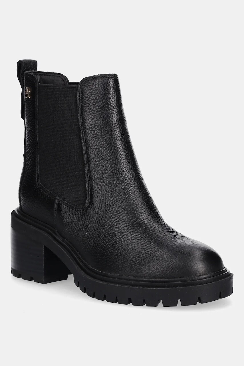 Kožené topánky chelsea Tommy Hilfiger TH LEATHER CHELSEA CLEATED HEEL čierna farba, na podpätku, FW0FW08774