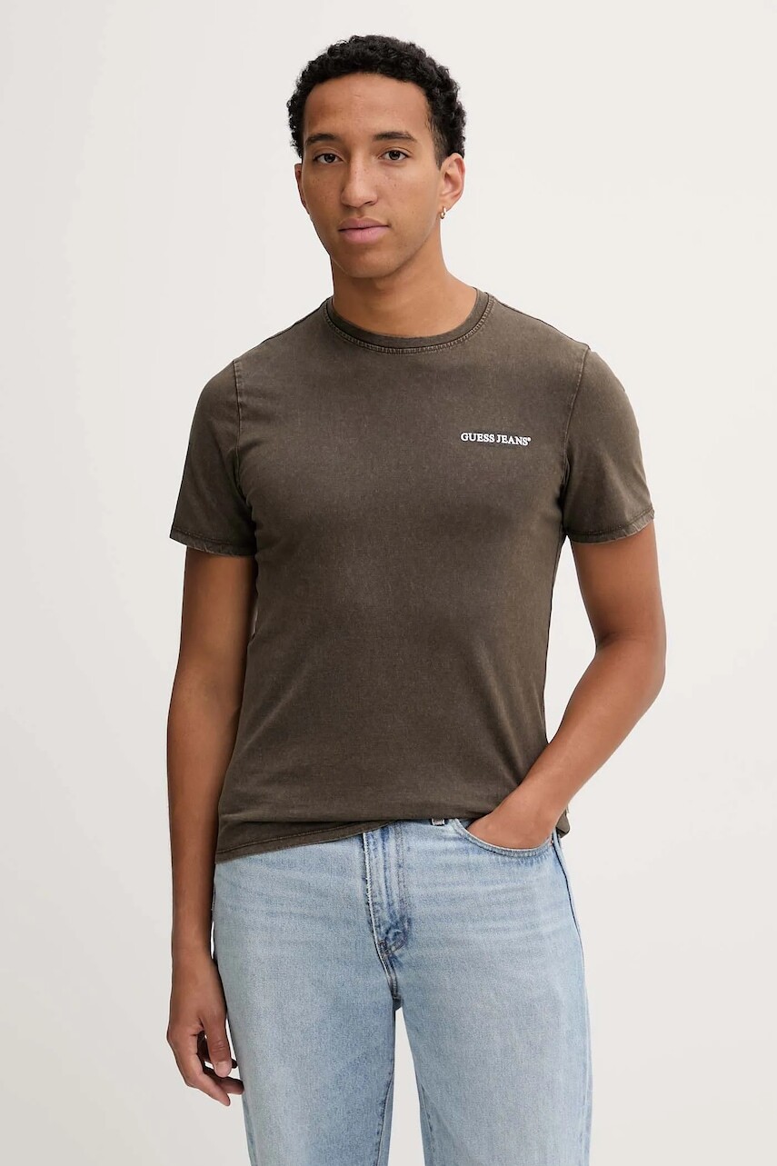 Bavlnené tričko Guess Jeans pánske, hnedá farba, s potlačou, M5BI27 K8HM0