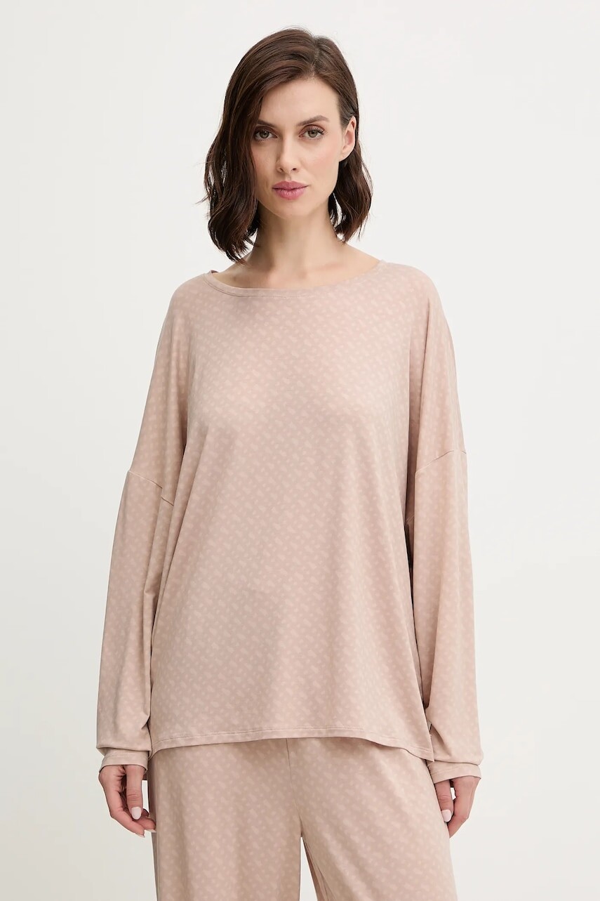 Pyžamové tričko s dlhým rukávom BOSS béžová farba, 50550693