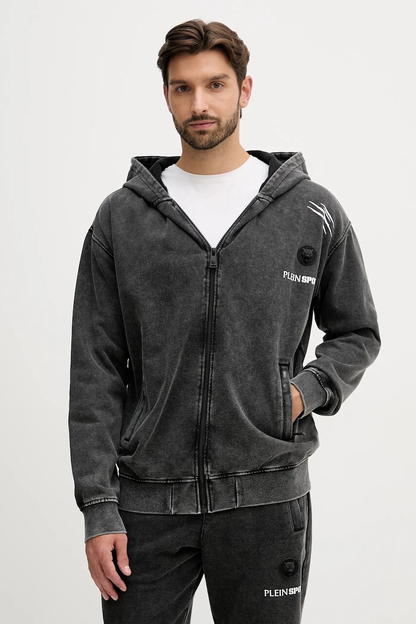 Bavlnená mikina PLEIN SPORT čierna farba, s kapucňou, s nášivkou, FAEC MJB3742 SJY001N