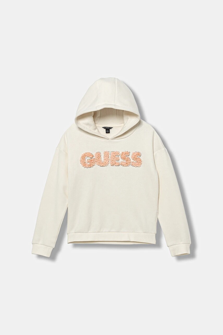 Detská mikina Guess béžová farba, s kapucňou, s nášivkou, J5BQ08 KCKF2