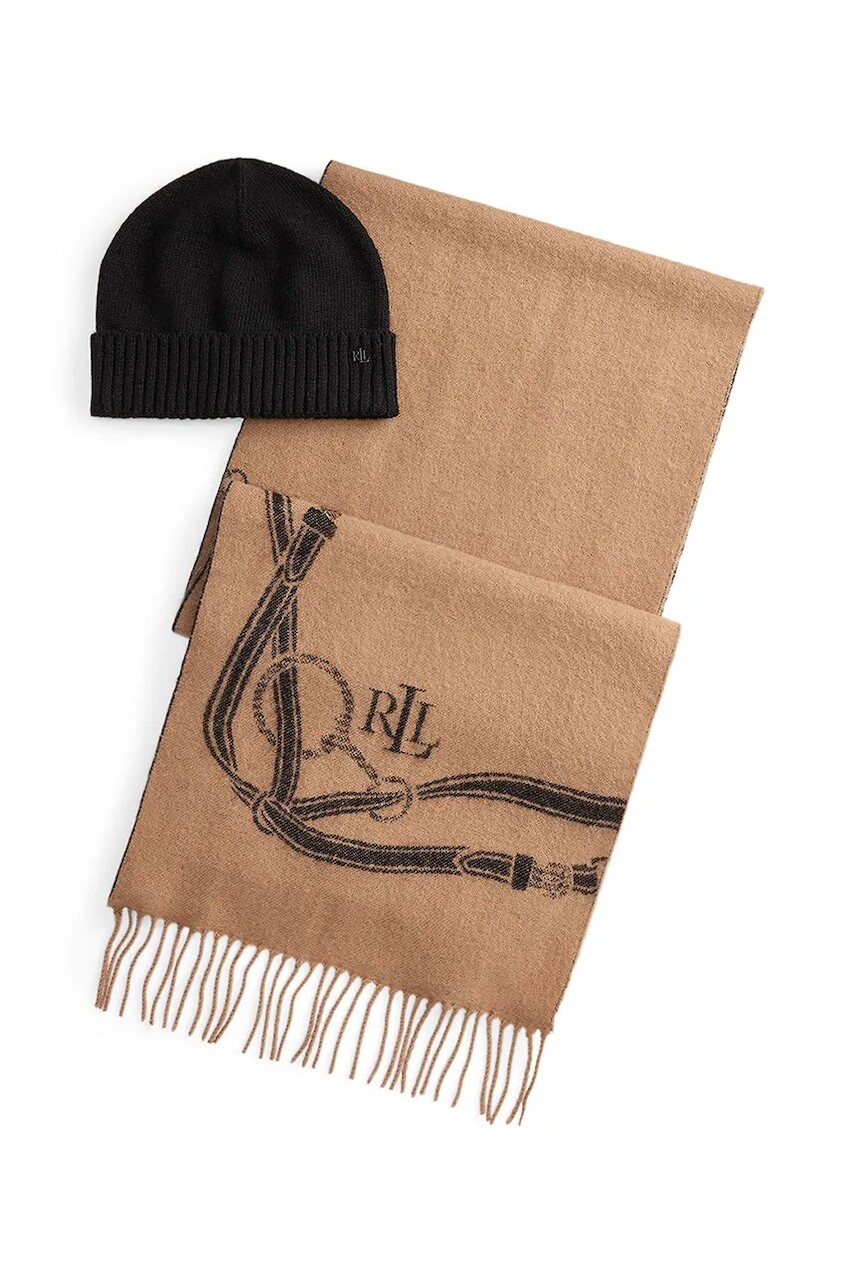 Čiapka a šál s prímesou vlny Lauren Ralph Lauren béžová farba, 454P04494