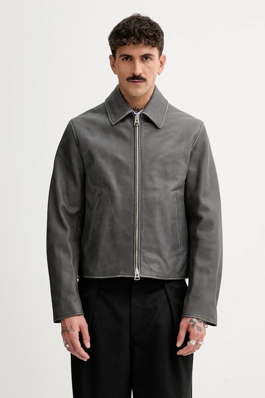 Kožená bunda Kenzo šedá farba, prechodná, FF55LB1440AB.96