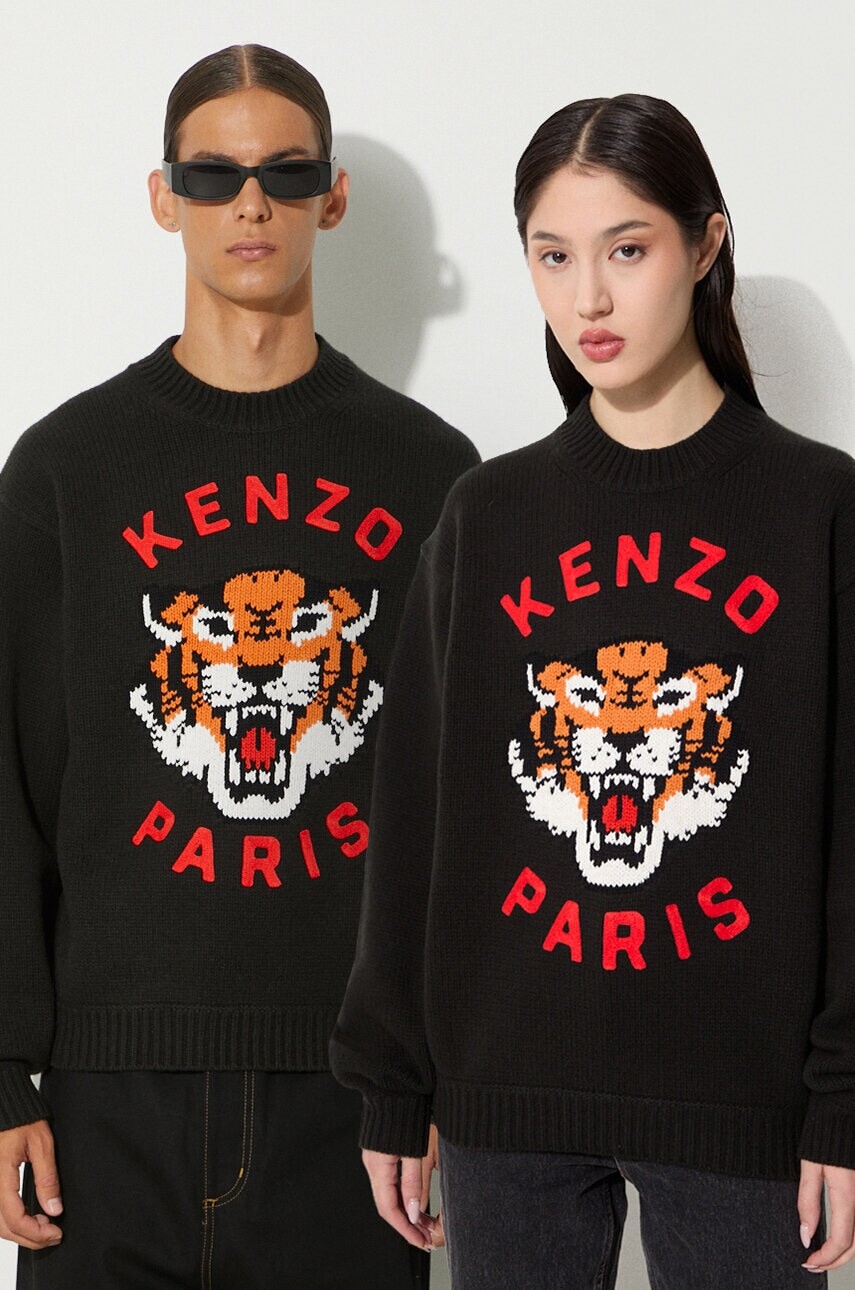 Vlnený sveter Kenzo Rws Lucky Tiger Jumper čierna farba, teplý, FE68PU4773LH.99J