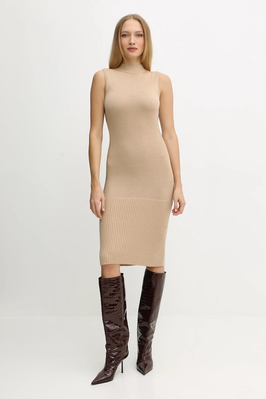 Šaty s prímesou vlny Armani Exchange béžová farba, mini, priliehavé, XW001308 AF13774