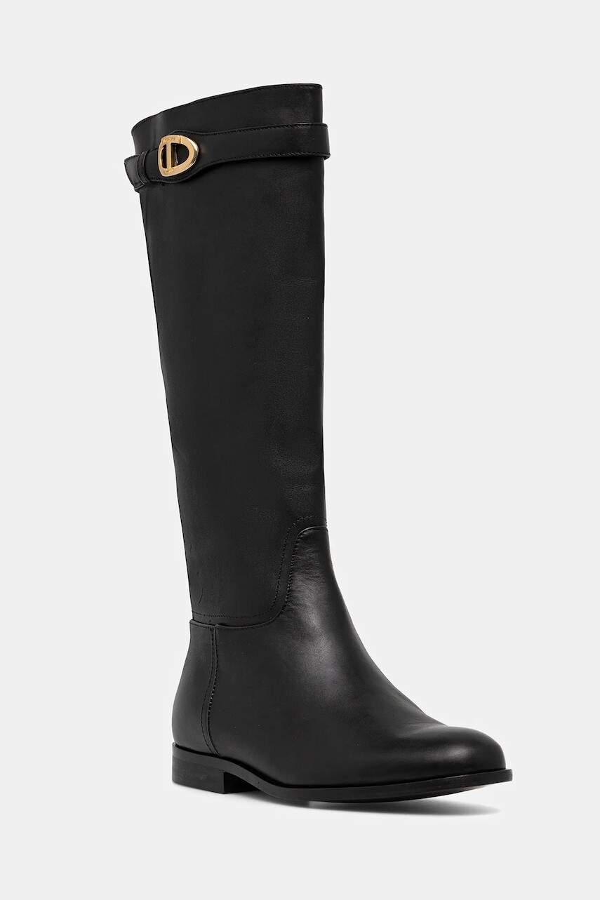 Kožené čižmy Twinset čierna farba, na plochom podpätku, 252TCP19C