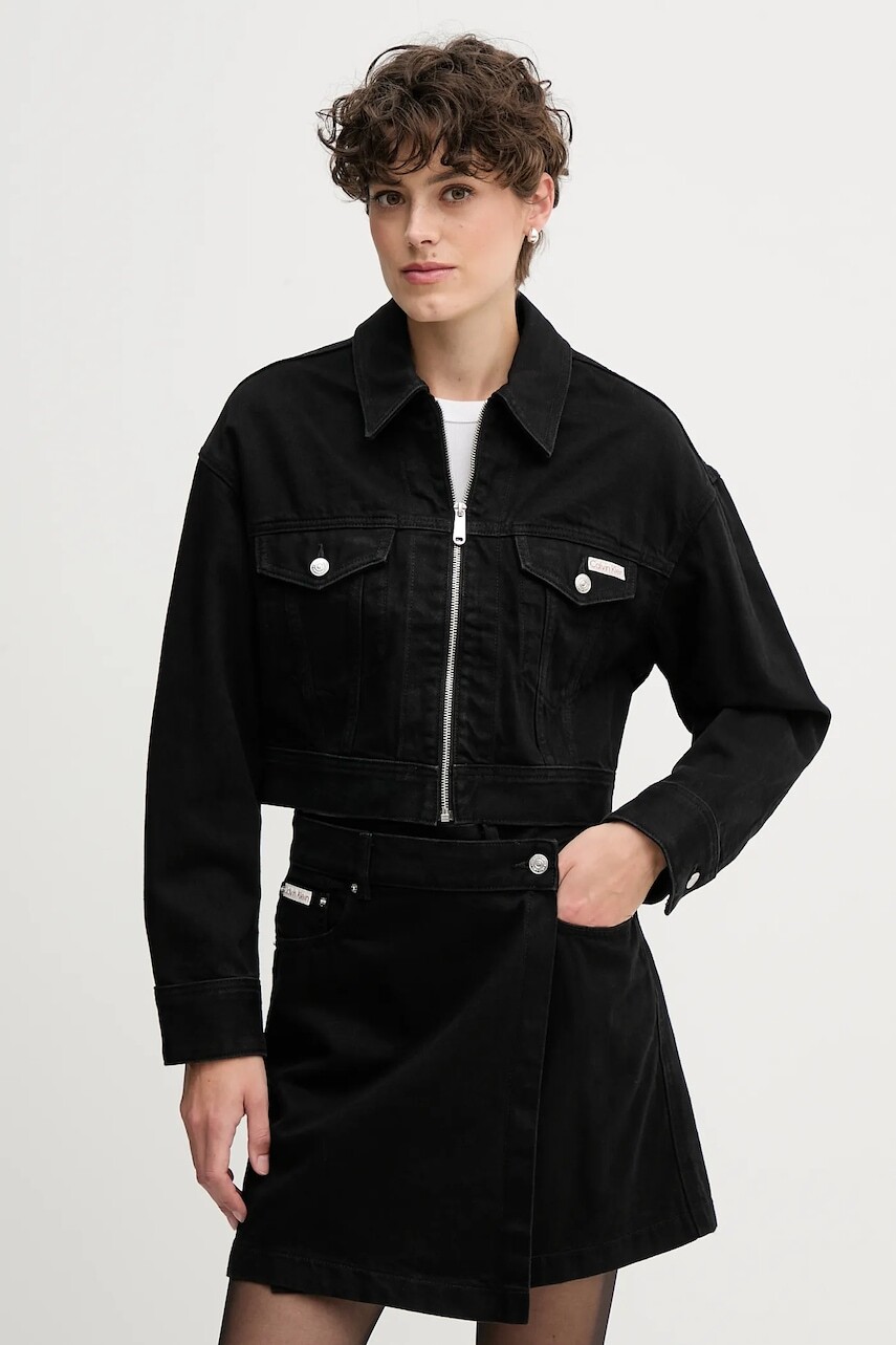 Rifľová bunda Calvin Klein Jeans čierna farba, prechodná, oversize, LV047D779G