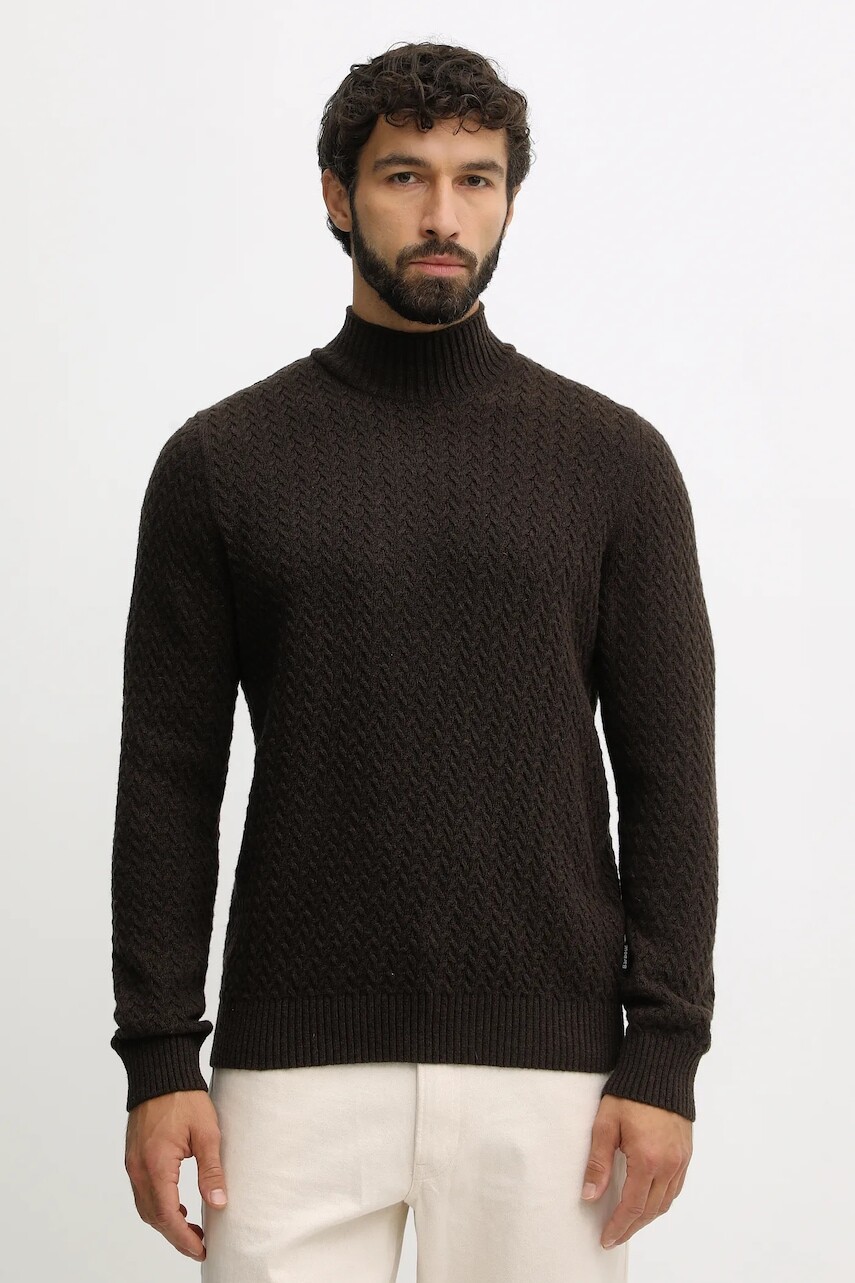 Vlnený sveter Barbour hnedá farba, s polorolákom, MKN1669