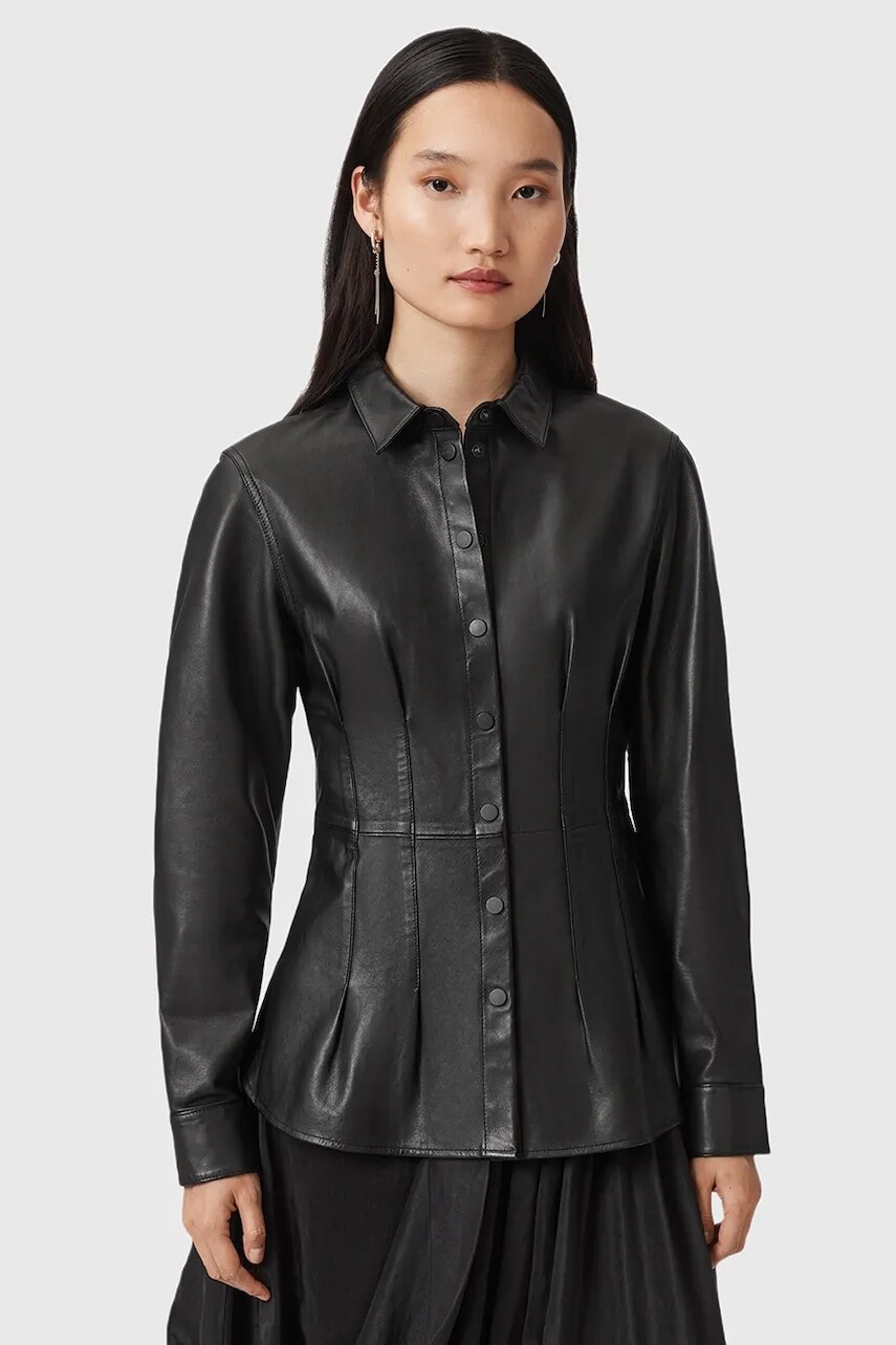 Kožená košeľa AllSaints LARSON čierna farba, slim, s klasickým golierom, W034PD