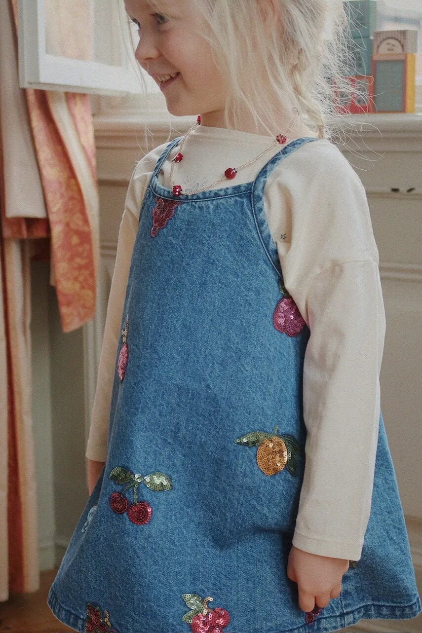 Dievčenské bavlnené šaty Konges Sløjd MAGOT SEQUIN STRAP DRESS GOTS modrá farba, mini, áčkový strih, KS104366