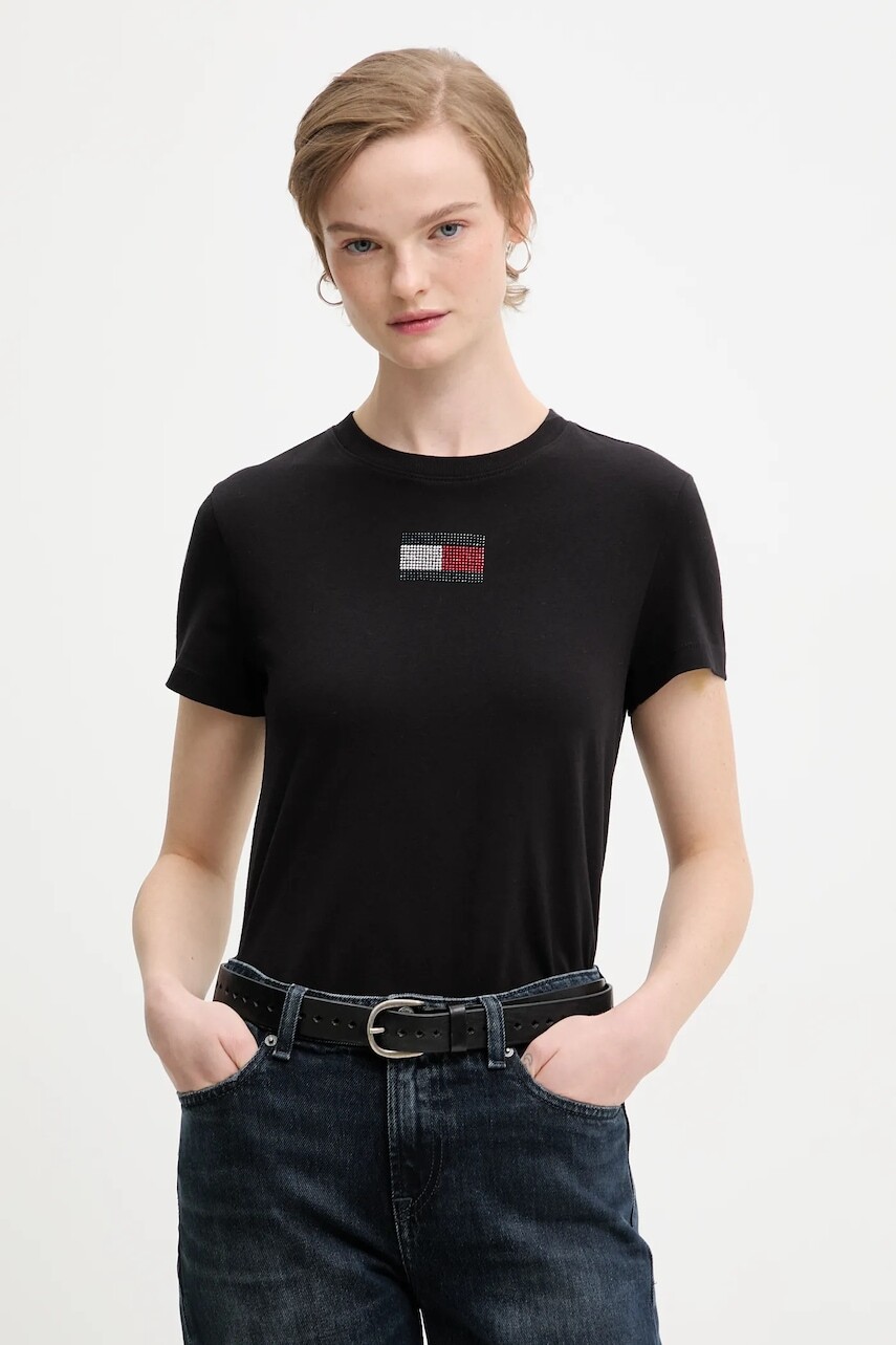 Bavlnené tričko Tommy Jeans dámske, čierna farba, DW0DW21965