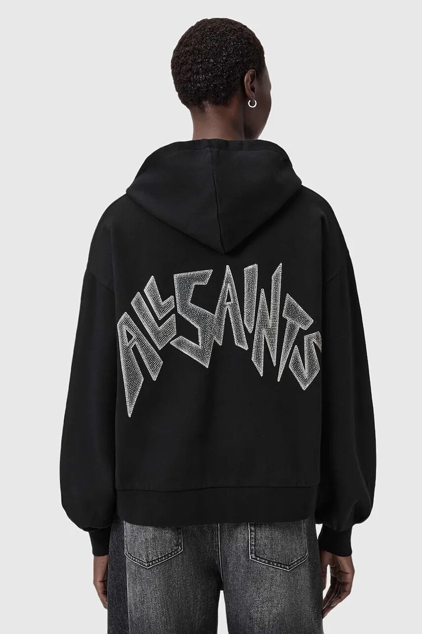 Bavlnená mikina AllSaints čierna farba, s kapucňou, s nášivkou, W090JD