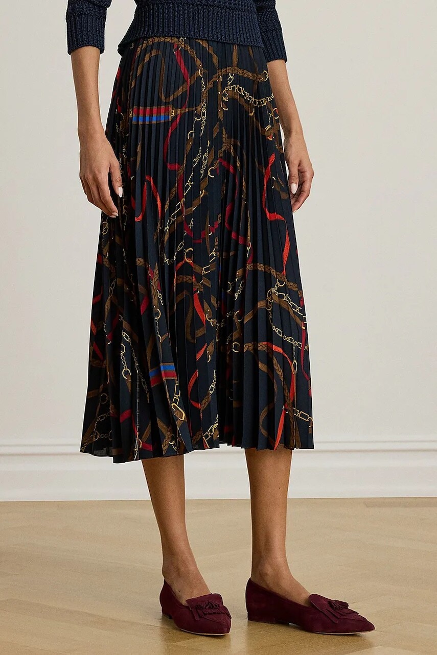 Sukňa Lauren Ralph Lauren tmavomodrá farba, midi, áčkový strih, 200P03550