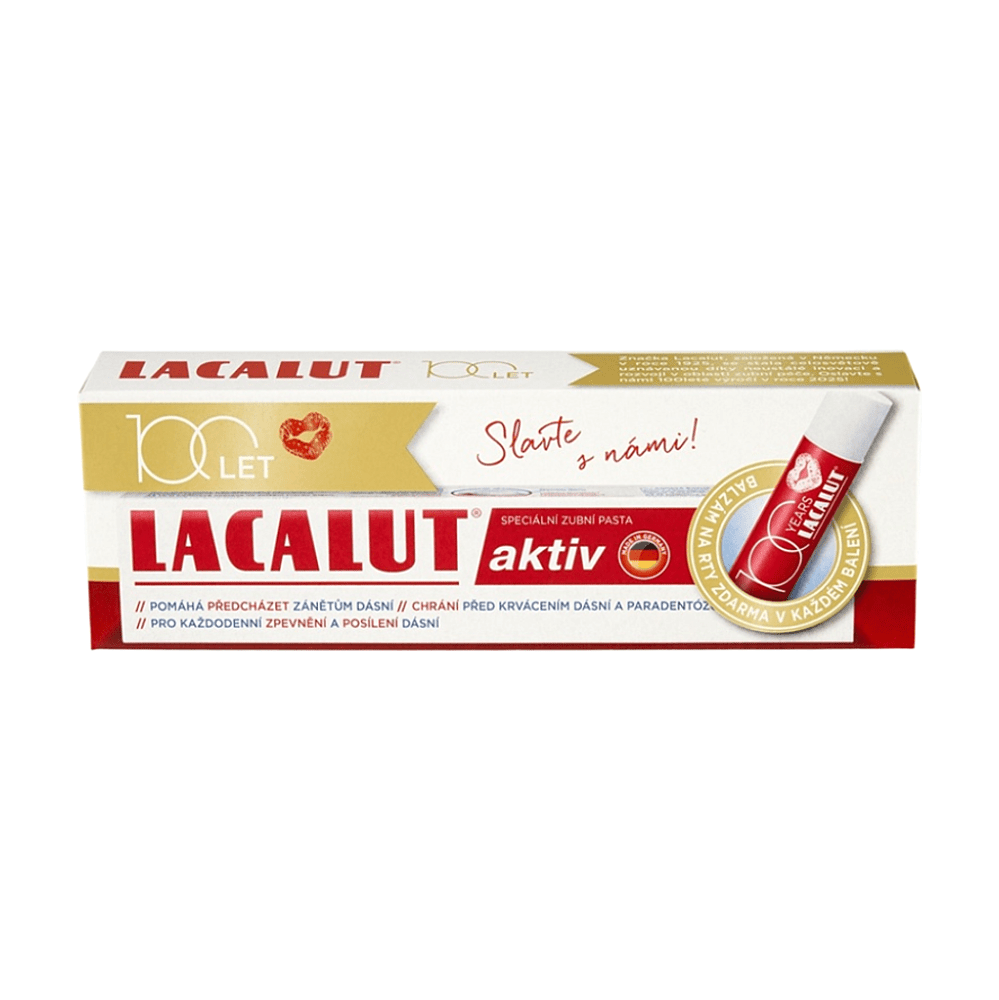 LACALUT Aktív zubná pasta 75ml + balzam na pery 100 rokov edícia