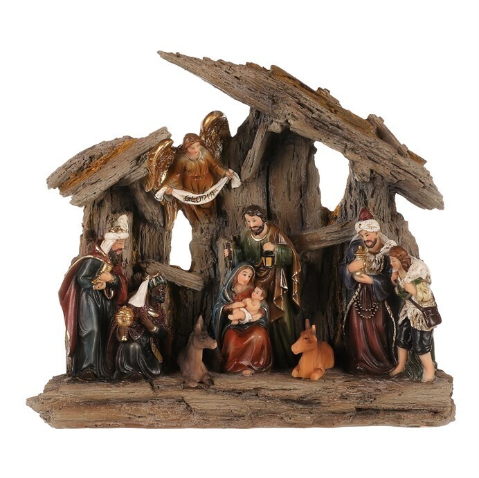 Vianočná dekorácia Betlehem s tromi kráľmi a anjelom, polyresin, LED, hnedá, 20x23x7cm