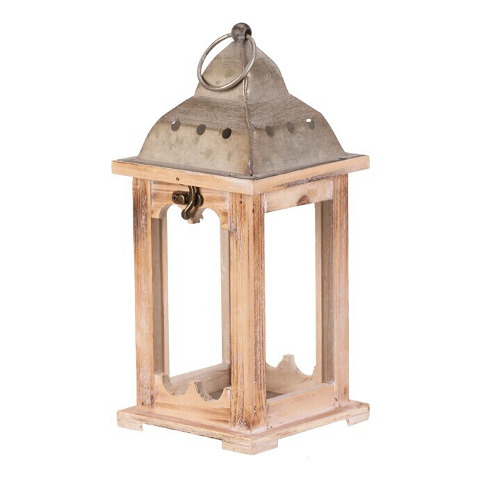 Drevený lampáš kovová strieška, v. 29 cm, prírodná