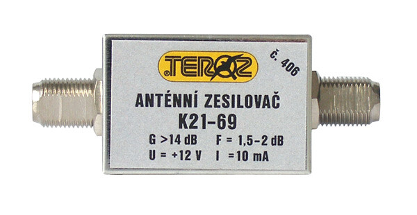 Anténny zosilňovač TEROZ 406X, nízkošumový, UHF, G14dB, F1,5dB, U98dBμV, F-F