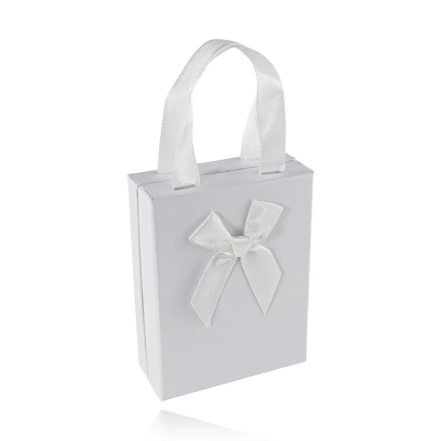 Biela darčeková krabička na šperky v tvare taštičky so stuhou