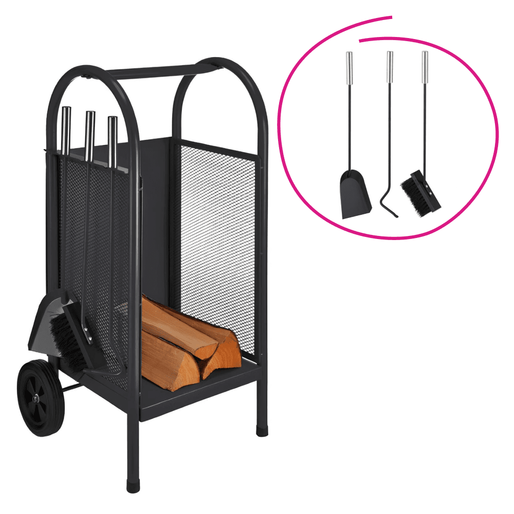 Vozík/stojan na drevo s krbovým náradím, čierna, KAFER