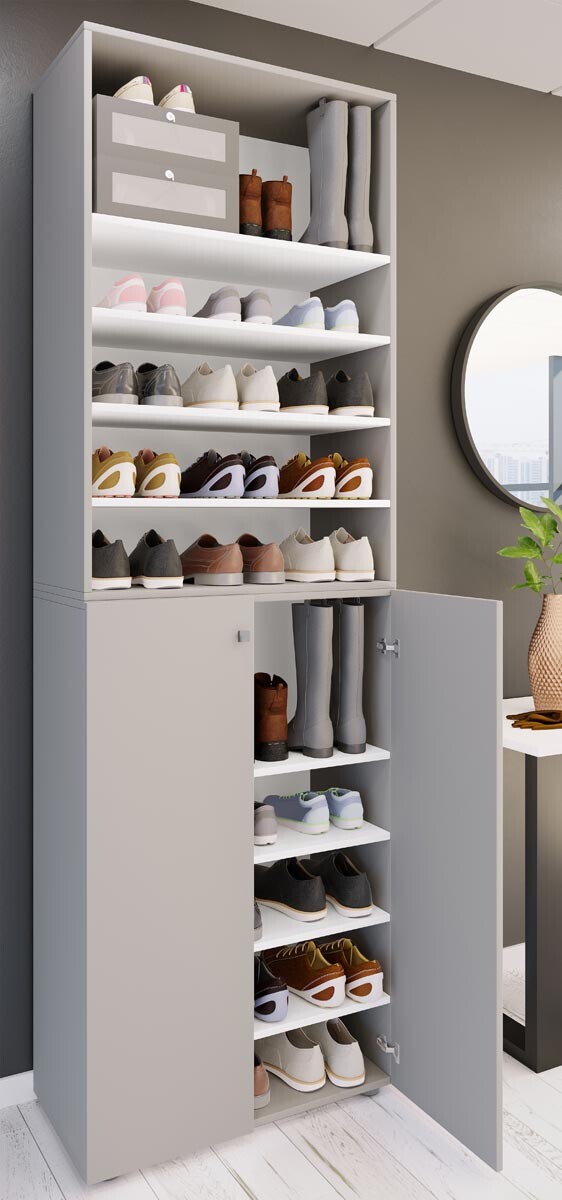 Regál na topánky Lona 2XL s 10 priehradkami, otočné dvere + polica, sivý